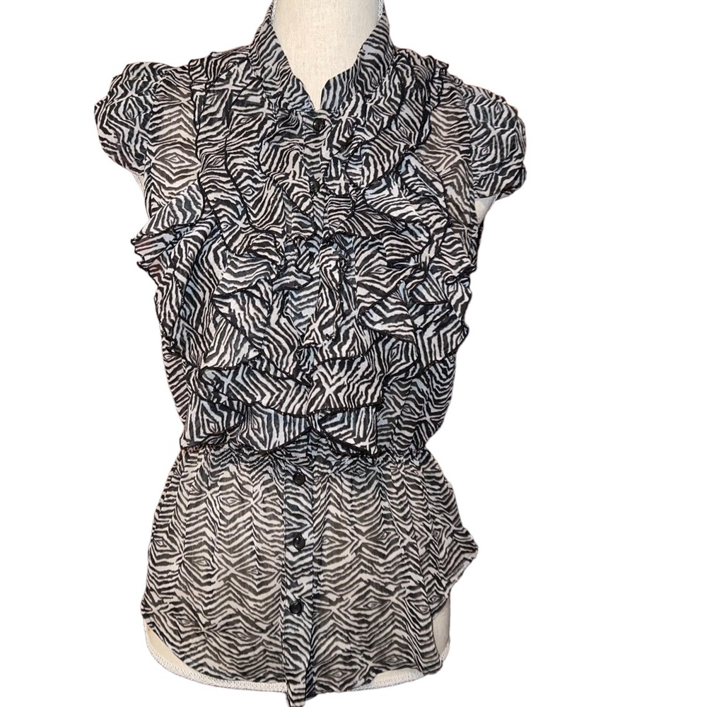 Miley Cyrus Maxx Sheer Zebra Print Button Down Blouse Ruffled Front Cap …
